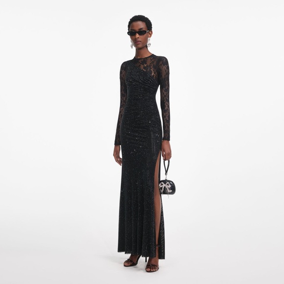 BLACK RHINESTONE LACE SLEEVES MAXI DRESS $ 1050 NEW - Picture 5 of 5